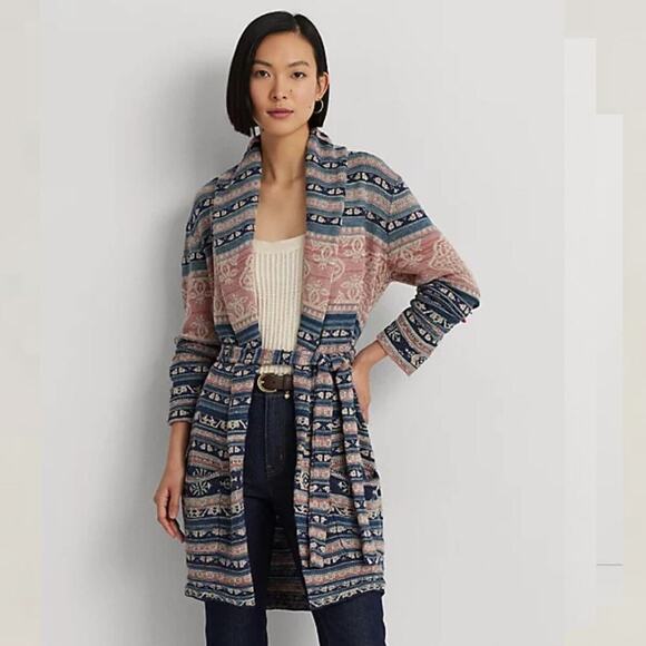 Lauren Ralph Lauren Aztec Southwest Print Style Belted Cardigan - Picture 1 of 16